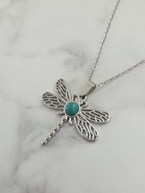Elegant Sterling Silver Dragonfly & Turquoise Pendant Necklace